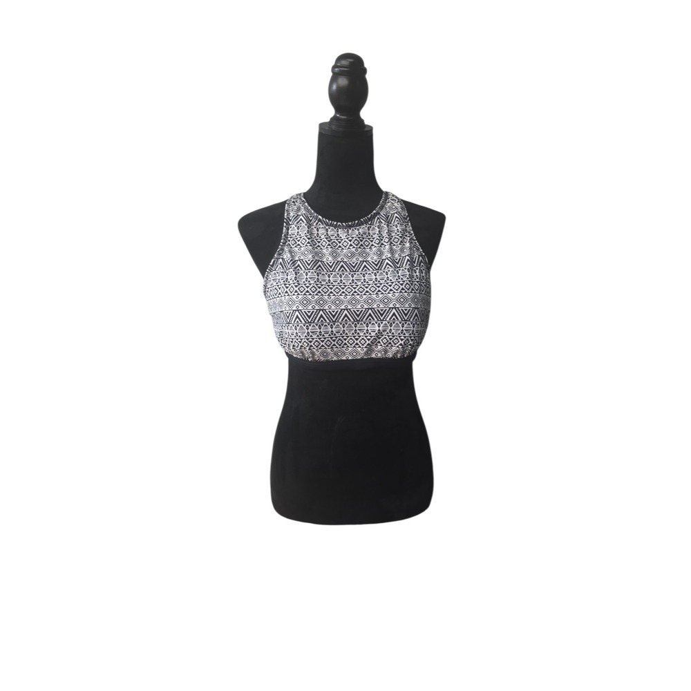 Kinesis Womens Black White Geometric Tribal High Neck Racerback‎ Bikini Top L